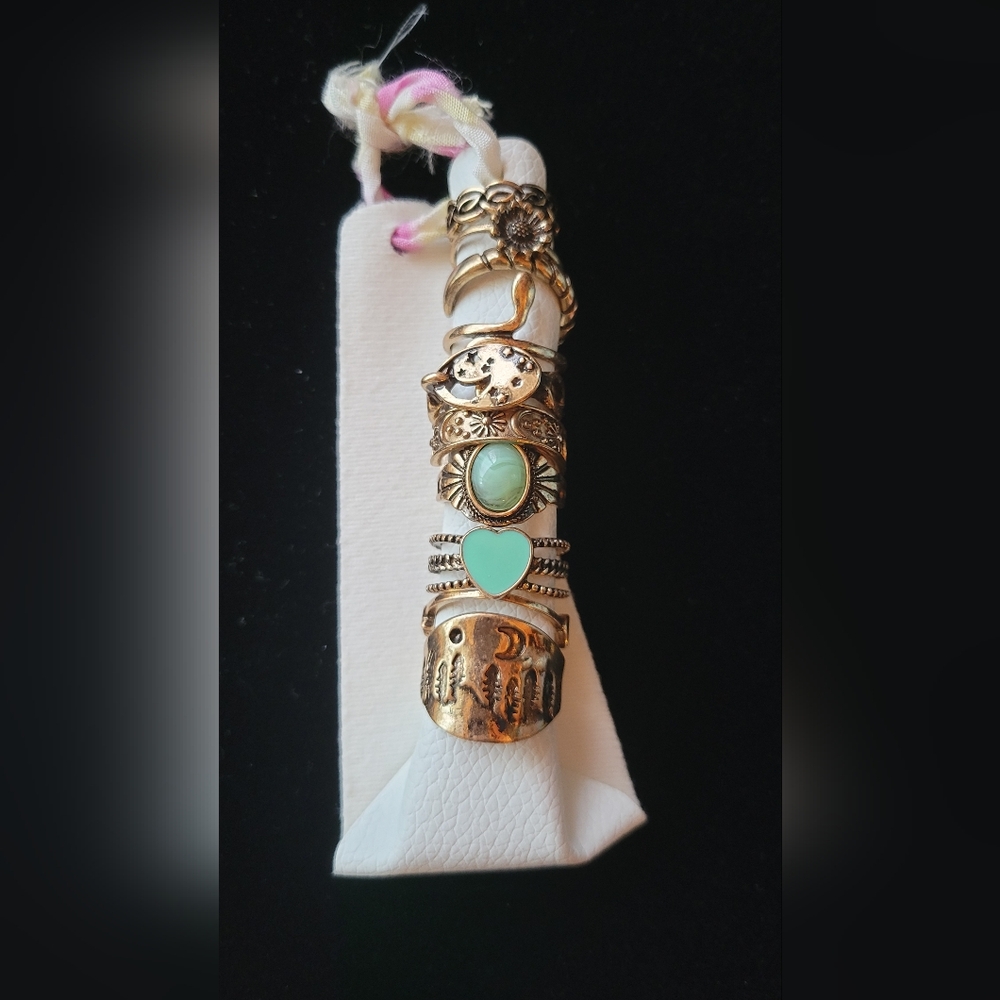 Free People✨Gold Stackable Rings with Mint Green Accents